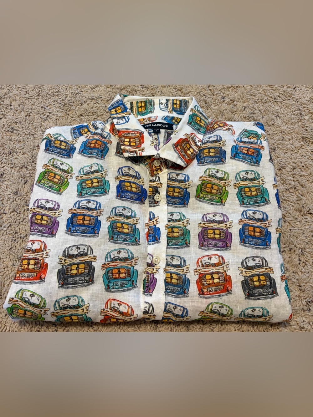 Ted Lapidus 100% Linen Vintage Car Print Shirt Size XL long sleeve button down